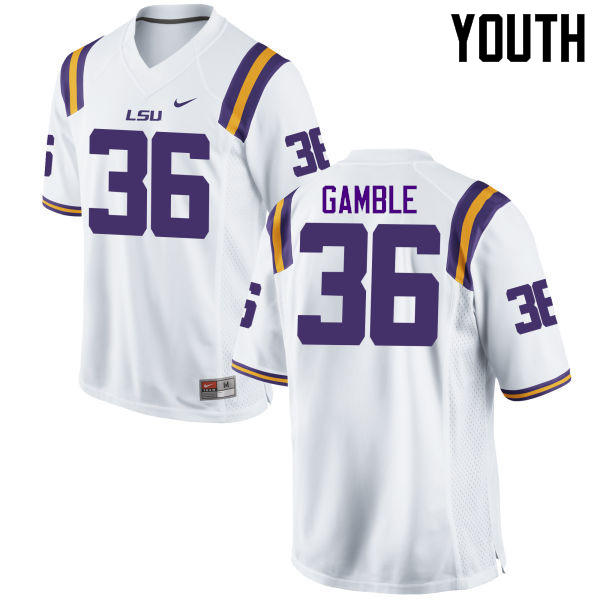 Youth LSU Tigers #36 Cameron Gamble College Football Jerseys Game-White